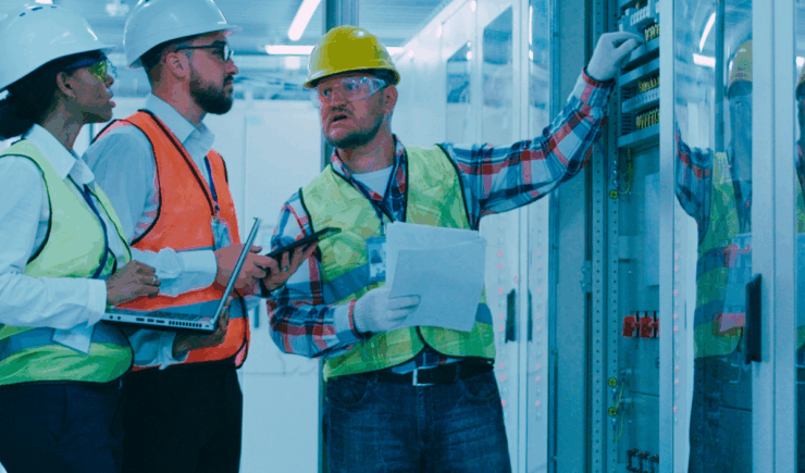 Manual workers in hardhats discuss their training