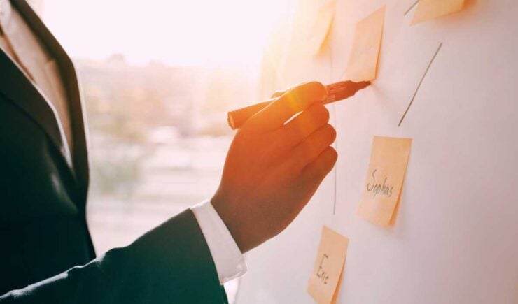 Hand writing on a whiteboard about centralizing training processes and teams.