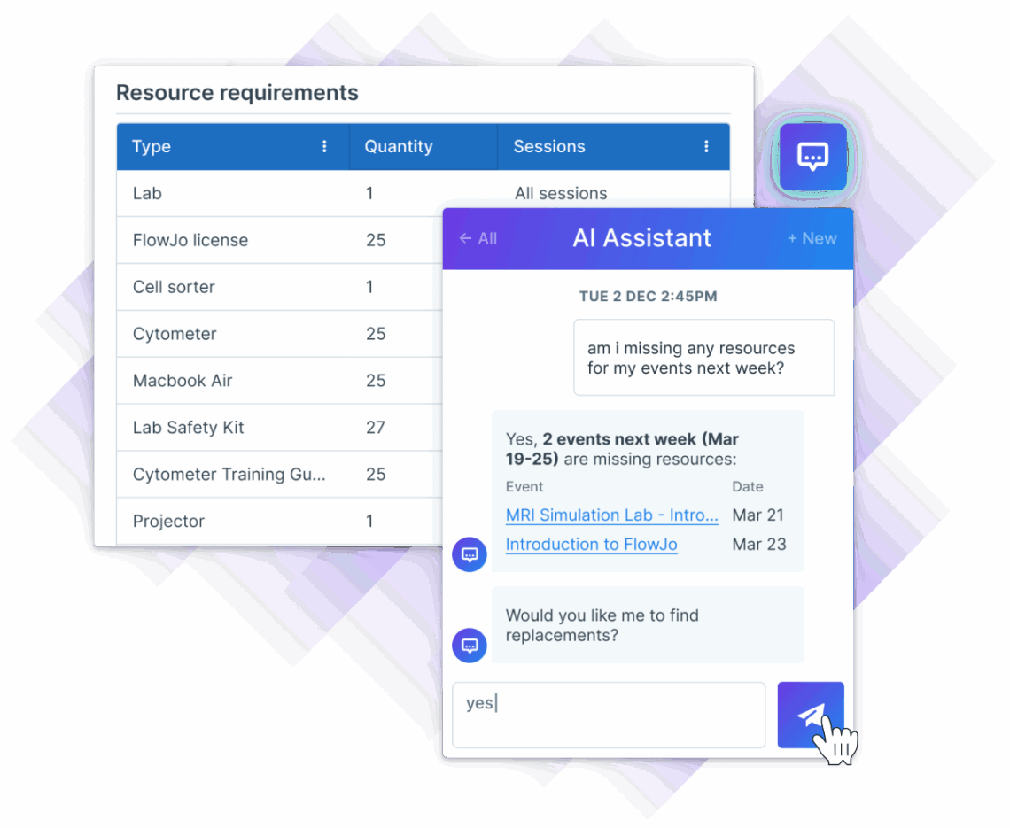 Administrate's virtual AI Assistant showing resource requirements and chat functionality. In the chat the AI Assistant offers to find resource replacements for two upcoming events.