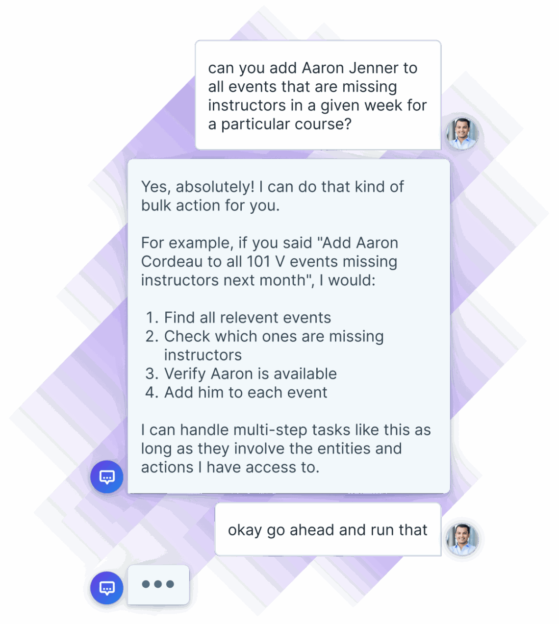 Chat with Administrate's AI Assistant that shows a user asking about the capabilities for the AI.