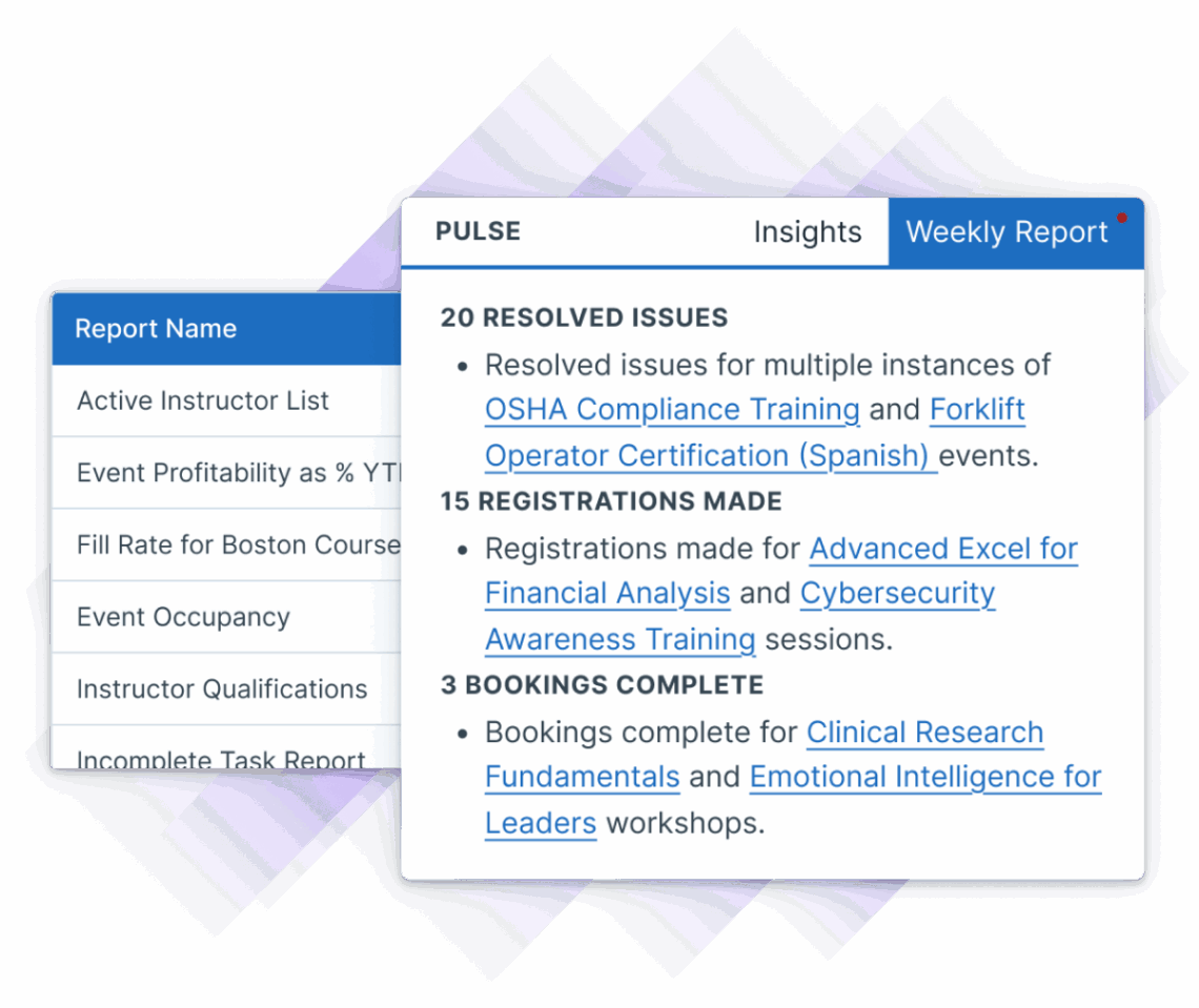 Administrate's reports alongside the new weekly report that is surfaced in the Administrate dashboard, which includes summaries of similar information along with hot links.